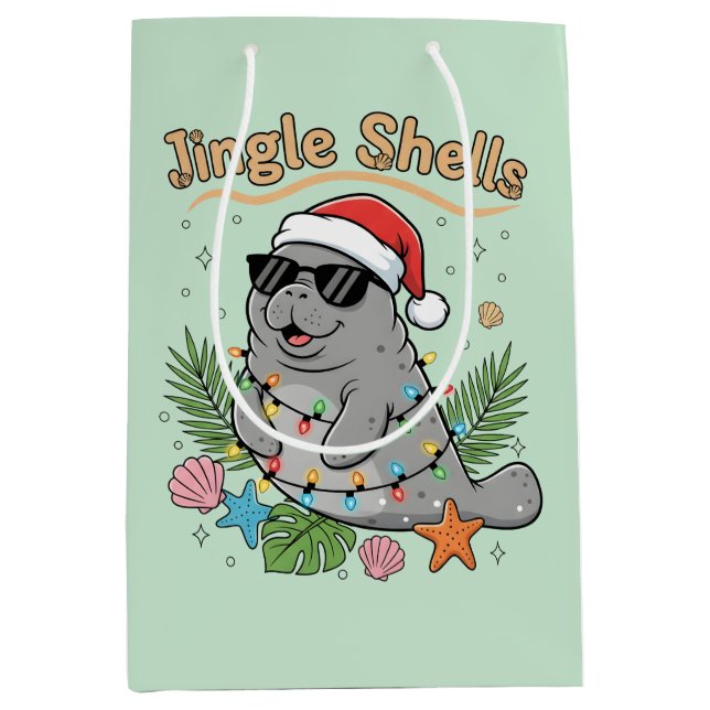 Sacola Para Presentes Média Jingle Shells Tropical Santa Manatee Christmas (Frente)