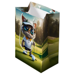 Sacola Para Presentes Média Jogador De Golfe De Gato Animado Engraçado,