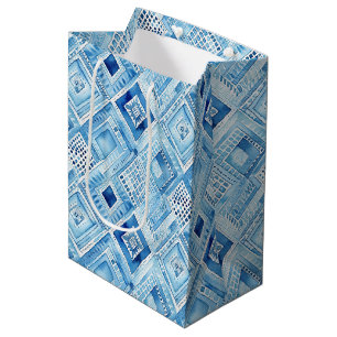 Sacola Para Presentes Média Joia azul branca com batik quadrado