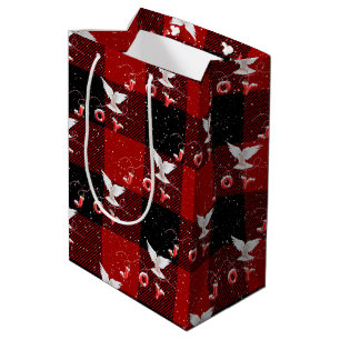 Sacola Para Presentes Média Joia de Natal e Flocos de Neve na Xadrez