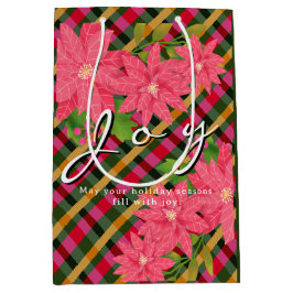 Sacola Para Presentes Média Joy Christmas Poinsettia Plaid Business Logo Gift