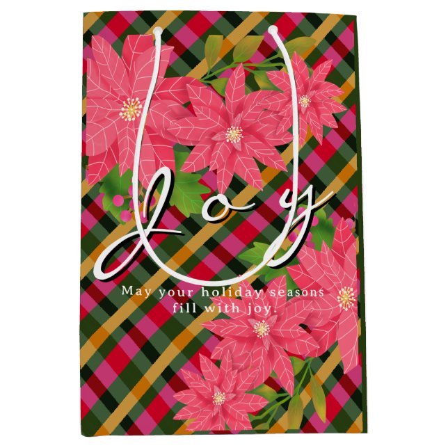 Sacola Para Presentes Média Joy Christmas Poinsettia Plaid Business Logo Gift (Frente)