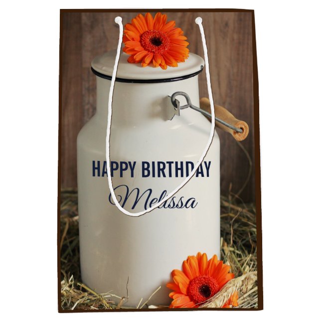 Sacola Para Presentes Média Jug de Leite Branco Russo com Flores Laranja Foto (Frente)