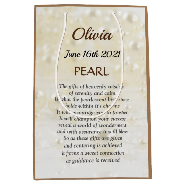 Sacola Para Presentes Média June Birthstone Pearl design (Frente)