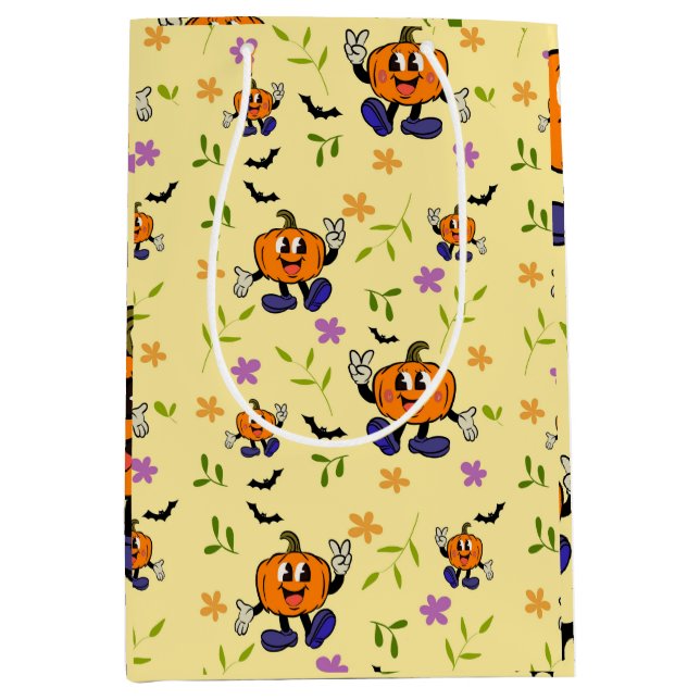 Sacola Para Presentes Média Kawaii Jack-o’-Lantern with Flowers and Bats (Frente)