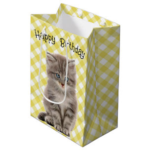Sacola Para Presentes Média Kitten De Cinza De Aniversário Em Gingham