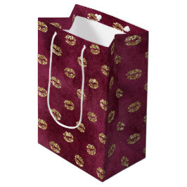 Sacola Para Presentes Média Lábios de Burgundy Dourada Glitter