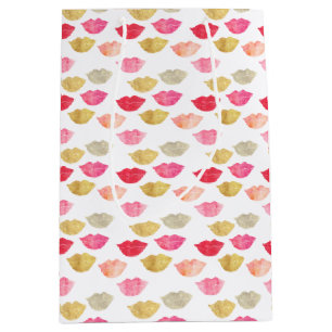 Sacola Para Presentes Média Lábios Dourados de Aquarela Rosa-Rosa