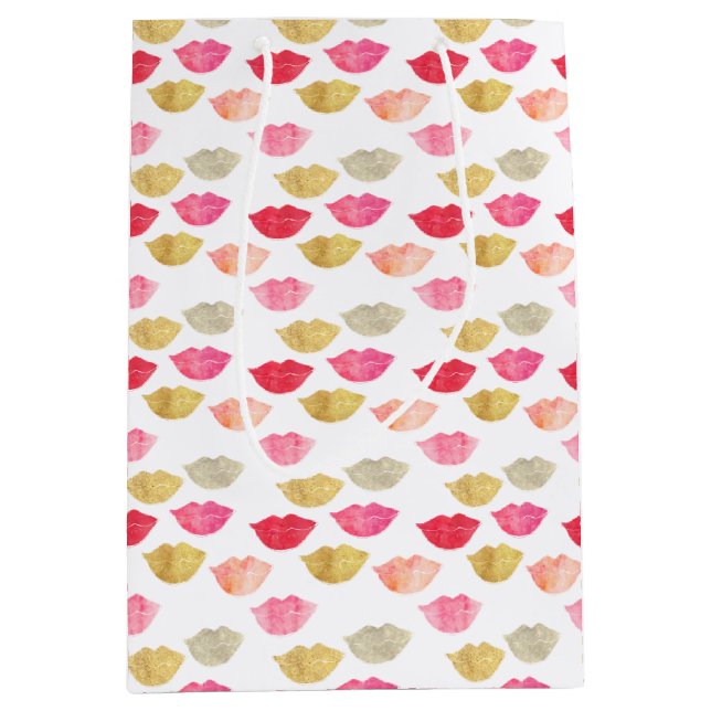 Sacola Para Presentes Média Lábios Dourados de Aquarela Rosa-Rosa (Frente)