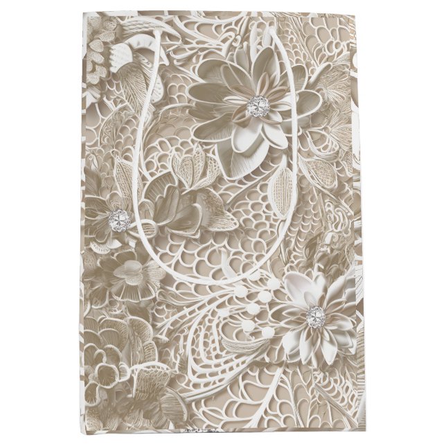 Sacola Para Presentes Média Lace bege elegante com diamante (Frente)