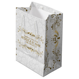 Sacola Para Presentes Média Lace Dourado Floral Elegante Com Damáscaras Branco