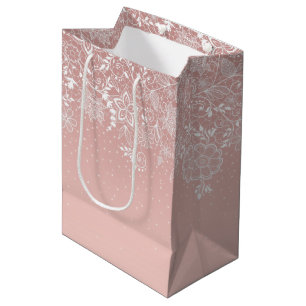 Sacola Para Presentes Média Laço branco elegante floral e design dos confetes