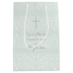 Sacola Para Presentes Média Laço floral delicado do Opal azul do baptismo