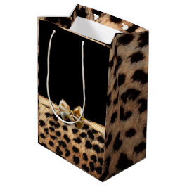 Sacola Para Presentes Média Laço Preto e Dourado Estampa de Leopardo Guepardo