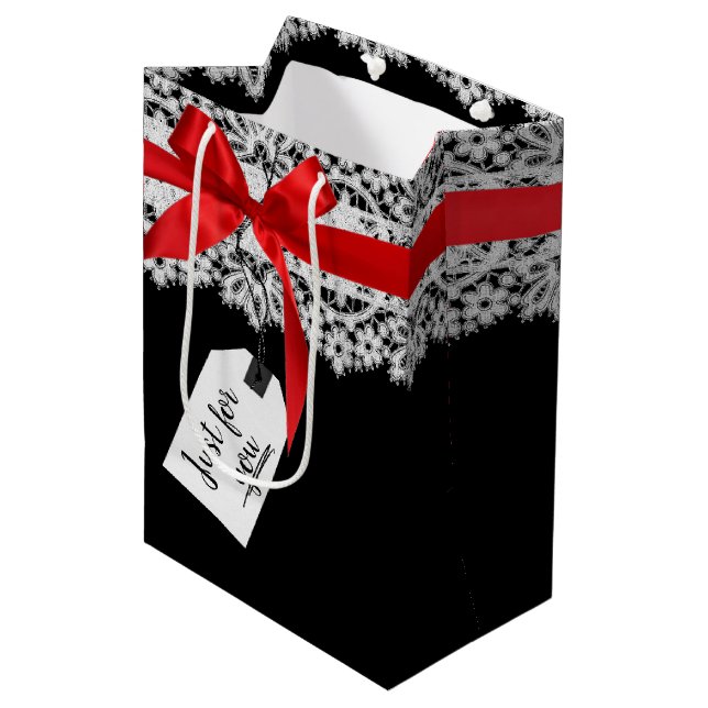Sacola Para Presentes Média Laço Vermelho em Renda (Frente inclinada)