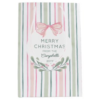 Sacola Para Presentes Média Laços de Listras de Aquarela Rosa Feliz Natal