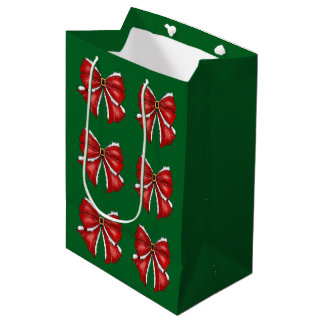 Sacola Para Presentes Média Laços de Natal Vermelhos Elegantes em Verde Escuro
