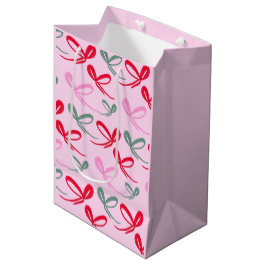 Sacola Para Presentes Média Laços Vermelhos de Natal Verde Rosa Desenhados à M