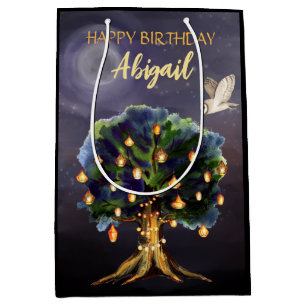 Sacola Para Presentes Média Lanternas de Árvore Personalizadas, Lua, Aniversár