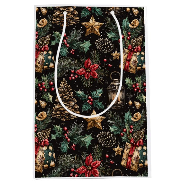 Sacola Para Presentes Média Lanternas de Natal Antigas (Frente)