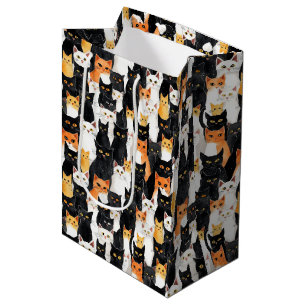 Sacola Para Presentes Média Laranja Branco Gatos Pretos do Dia das Bruxas Saco