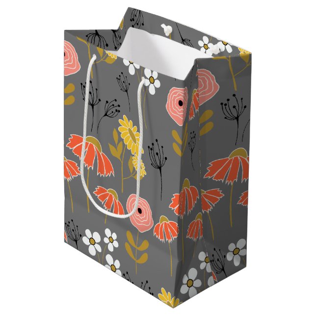 Sacola Para Presentes Média Laranja e Flor Amarelo Flor Média de Dobra (Frente inclinada)