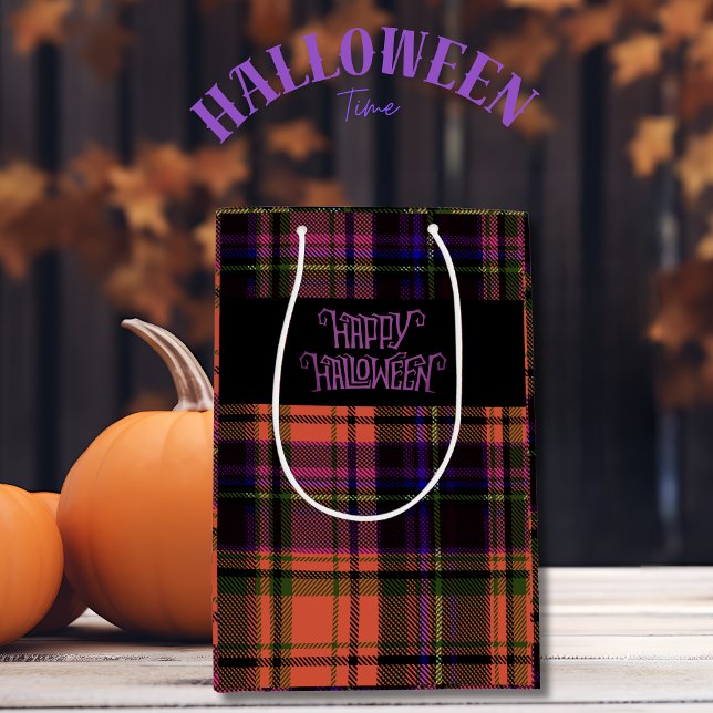 Sacola Para Presentes Média Laranja Roxo Feliz Xadrez de Halloween Bag (Orange Purple Happy Halloween Plaid Gift Bag)