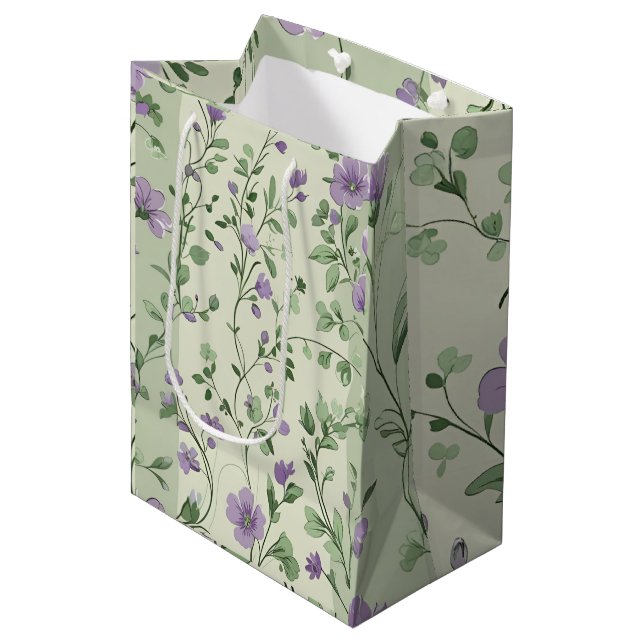 Sacola Para Presentes Média Lavanda e Design Botânica Verde (Frente inclinada)