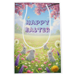 Sacola Para Presentes Média Lavender Easter Cute White Bunny Floral Spring 