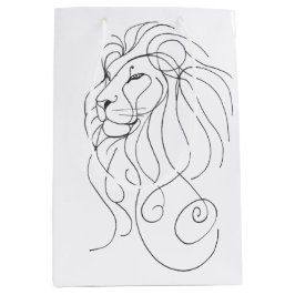 Sacola Para Presentes Média Leão Desenhado à Mão - Arte Minimalista de Linha