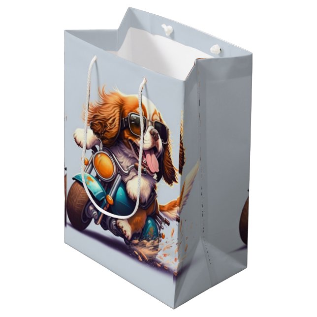 Sacola Para Presentes Média Legal cão dirigindo um saco de presentes de moto (Frente inclinada)