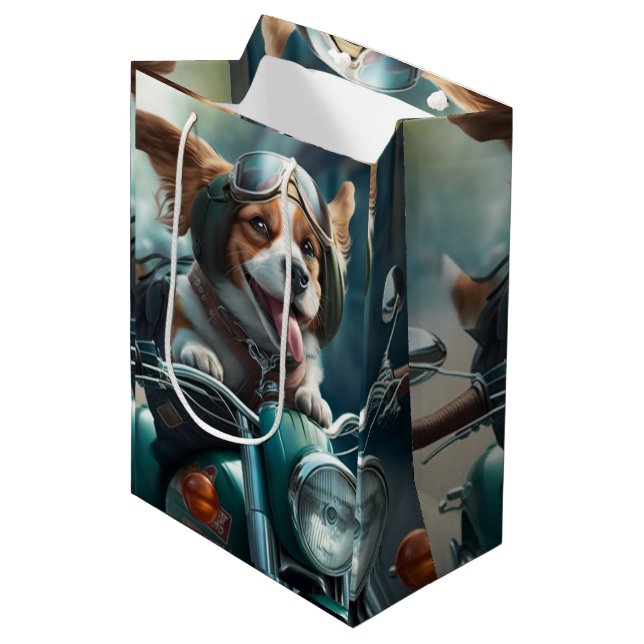 Sacola Para Presentes Média Legal cão dirigindo um saco de presentes de moto (Frente inclinada)