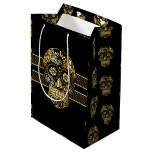 Sacola Para Presentes Média Legal Crânio de Açúcar Negro e Dourado Dia dos