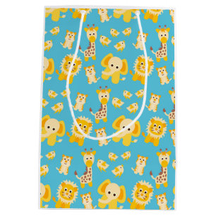 Sacola Para Presentes Média Leões Elefantes Safári animais Amarelo Azul