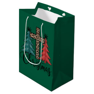 Sacola Para Presentes Média Leopard Cruz Árvores de Natal Cristão 