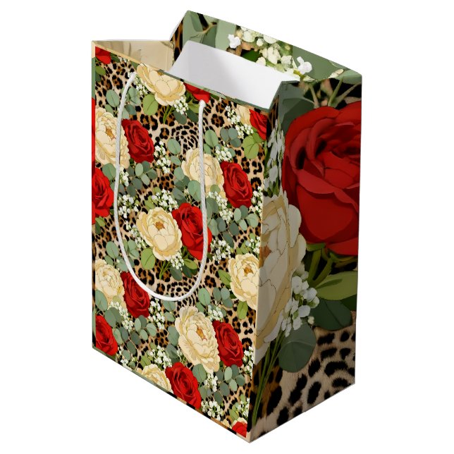 Sacola Para Presentes Média Leopard & Red Rose Pattern - Chic Floral Animal (Verso inclinado)