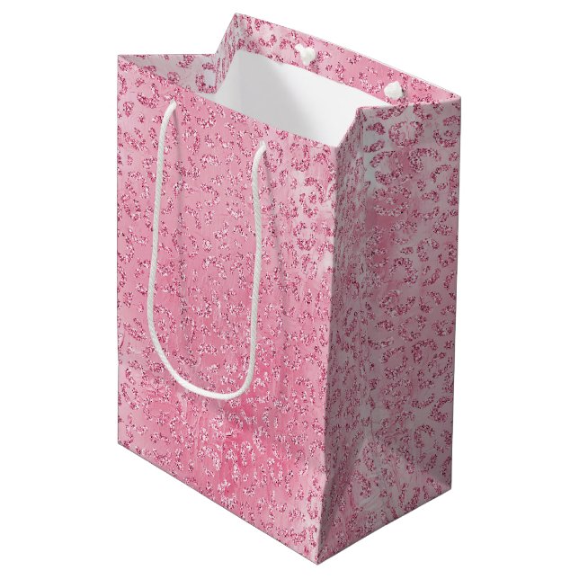 Sacola Para Presentes Média Leopardo bonito Glitter Rosa-Rosa (Frente inclinada)