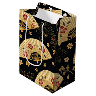 Sacola Para Presentes Média Leque Dourado Japonês Padrão Sakura
