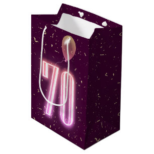Sacola Para Presentes Média Letreiro de Neon de Aniversário de 70 anos e Confe