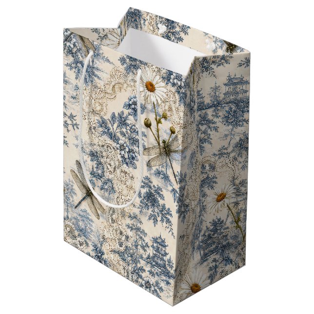 Sacola Para Presentes Média Libélulas, Margaridas e Renda Chinesas (Verso inclinado)