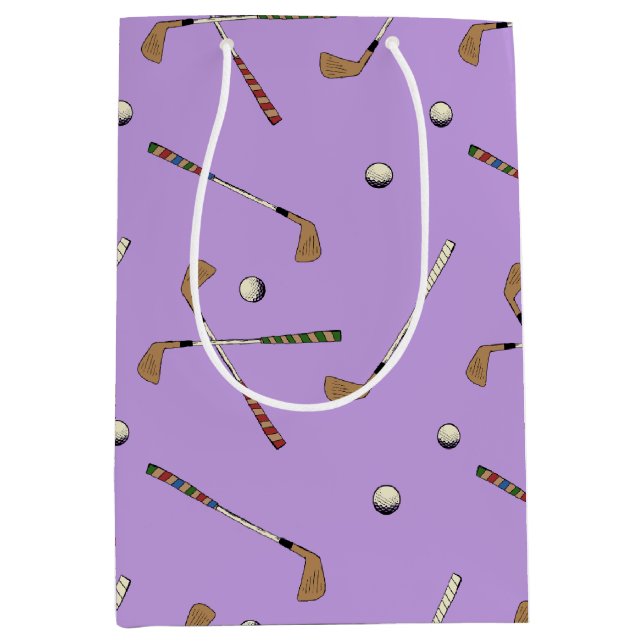 Sacola Para Presentes Média Lila Padrão de Bolas e Tacadas de Golfe Retro Vint (Frente)