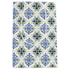 Sacola Para Presentes Média Limão Floral Italiano Azulejo Azul e Branco