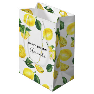 Sacola Para Presentes Média Limões Amarelos Padrão de Fruta de Aquarela Aniv