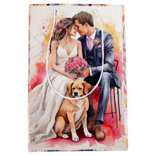 Sacola Para Presentes Média Linda Casal de Casamento Watercolor