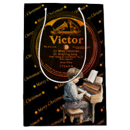 Sacola Para Presentes Média Linda Criança Piano Victor Record Black Bronze