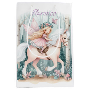 Sacola Para Presentes Média Linda fada cavalgando em uma floresta encantada