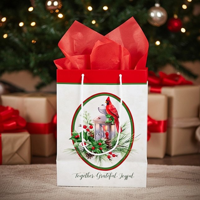 Sacola Para Presentes Média Linda lanterna com o Natal Holly e Cardeal (Criador carregado)
