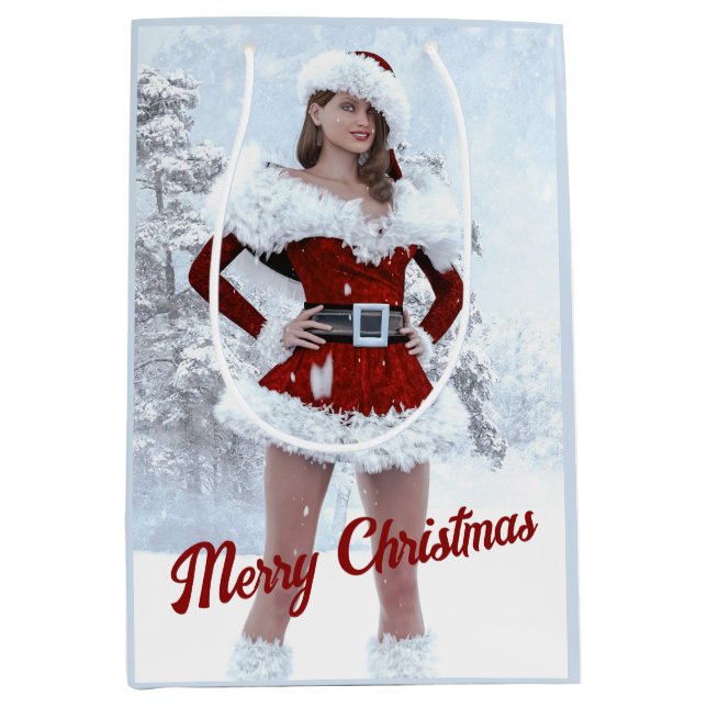 Sacola Para Presentes Média Linda mulher de Natal sobre a neve do inverno (Frente)