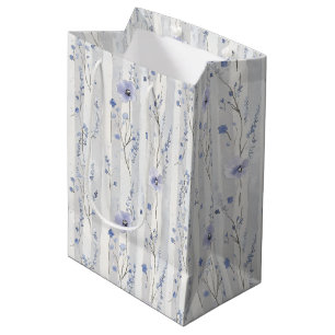 Sacola Para Presentes Média Lindas Listras Florais Brancas Lavanda para Chá de