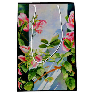 Sacola Para Presentes Média Lindas rosas brancas, cor-de-rosa, cor-de-água flo